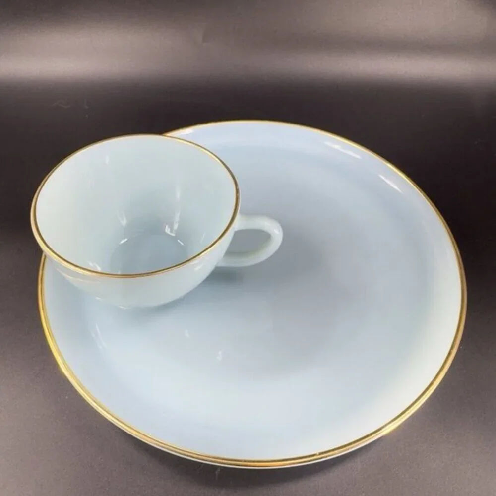 Vintage Anchor Hocking Fire King Blue Turquoise Lunch‎ Snack Plate and Cup Set
